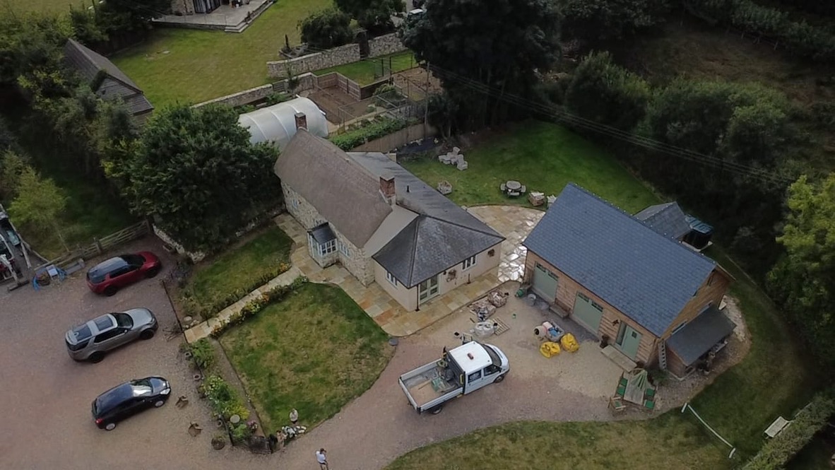 Aerial view of a completed building project in the Somerset countryside